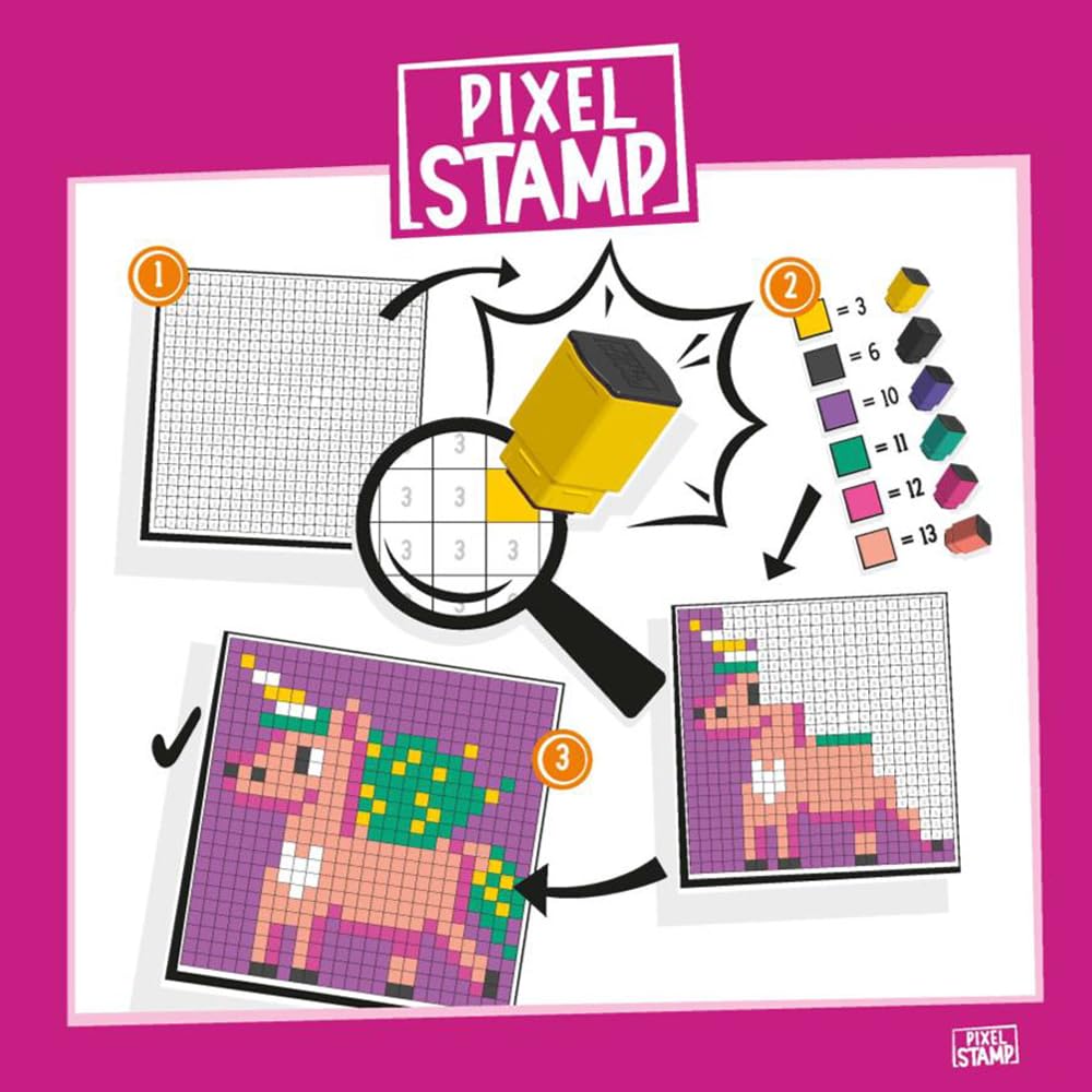 Trodat Pixel Stamp Fantasy, The Combination of Pixel Art and Stamp by Numbers, 1 Coloring Book for Children, 18 Fantasy templates & 6 Colorful Stamps (Purple, Green, Yellow, Orange, Purple, Black)
