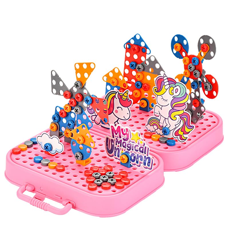 Happy Hues Plastic Diy Electric Drill Screw Tool Set-Mosaic Puzzle 228Pcs- 3D Stem Educational Kit For Kids Construction Blocks And Building Block Kit (Unicorn Design), Pink