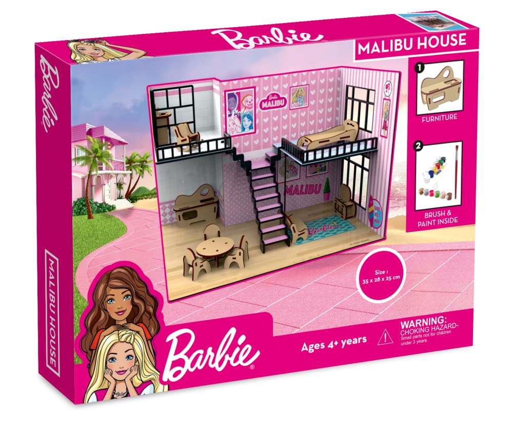 Barbie Malibu Doll House for Girls and Boys, DIY Paint Wooden Doll House Toy with Furniture for Kids
