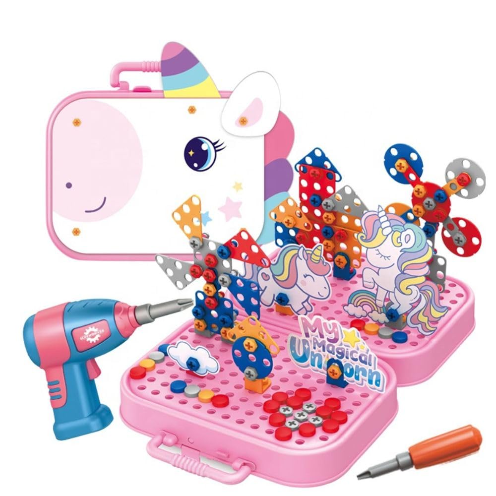 Happy Hues Plastic Diy Electric Drill Screw Tool Set-Mosaic Puzzle 228Pcs- 3D Stem Educational Kit For Kids Construction Blocks And Building Block Kit (Unicorn Design), Pink