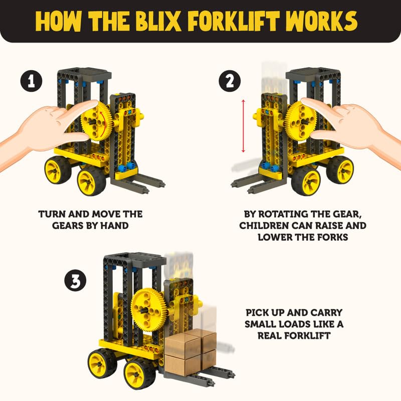 BLIX Forklift Non-Motorized Construction Set, 185 ABS Parts, Learn Rack & Pinion Mechanism, 6-in-1 Educational STEM Toy Kit for Kids Aged 5+