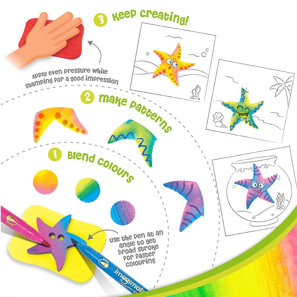 Imagimake Stamp Art Animal Kingdom | Coloring Kit | Kids Age 3+ | 12 reusable animal stamps, 4 dual-tip pens, 12 scenes & 4 templates; stamp, blend & create 16 projects; washable, mess-free