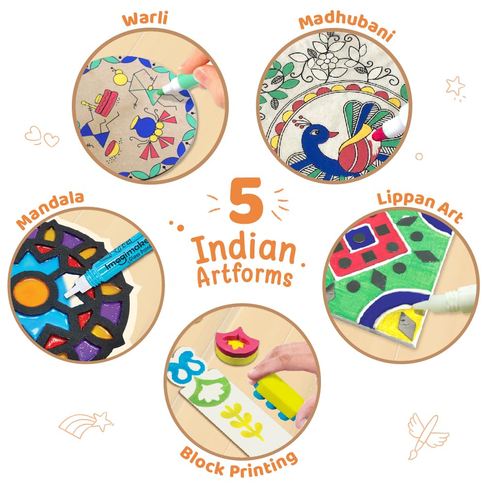 Imagimake DIY Indian Art Forms | Art & Craft Kit for Kids | Age 8+ | Learn 5 Indian art forms—Madhubani, Warli, Lippan, Mandala & block printing; 20+ craft projects; screen-free for kids