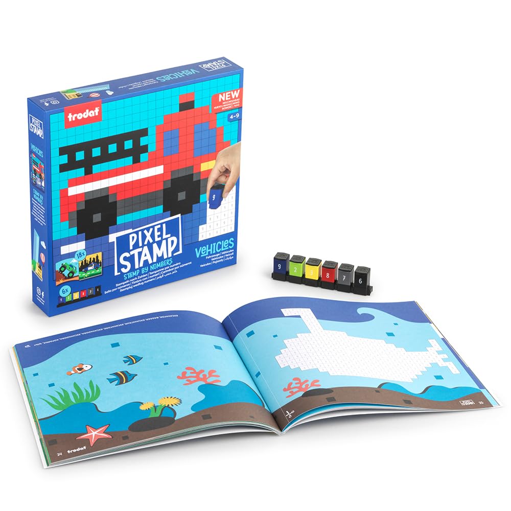 Trodat Pixel Stamp Vehicles, The Combination of Pixel Art and Stamp by Numbers, 1 Coloring Book for Children, 18 Animal templates & 6 Colorful Stamps Blue, Green, Yellow, red, Grey, Black)