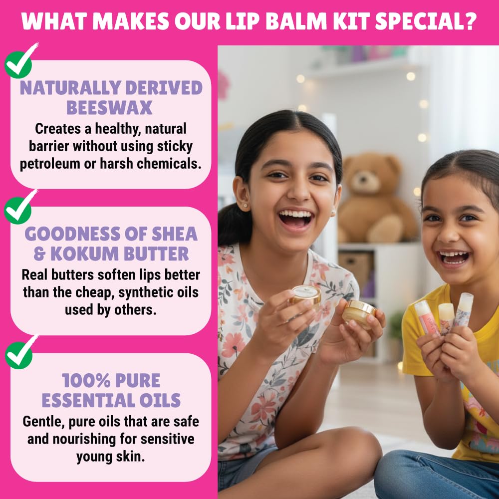 Kalakaram DIY Lip Balm Making Kit - Make 15 Lip Balms with Shea & Kukum Butter, Beeswax, Vitamin E Oil, Grapeseed & Essential Oils, DIY Activity Kit for Kids & Craft Kit for Girls 9-12