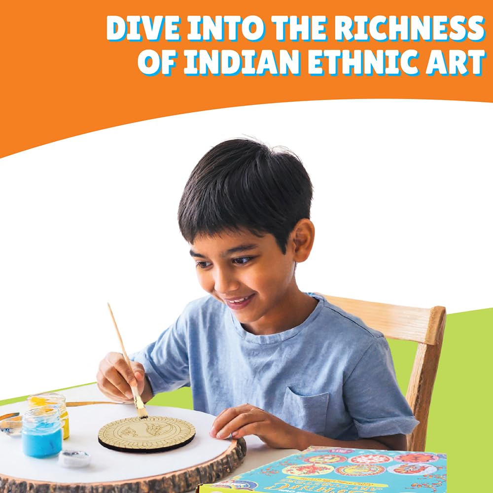 Asian Hobby Crafts DIY Ethnic Coaster Painting Kit – 6 Pre-Marked Coasters, Paint & Brush | Warli, Madhubani, Gond, Indian Folk Art Kit for Kids & Adults (4-12) | Birthday Return Gift Craft Set