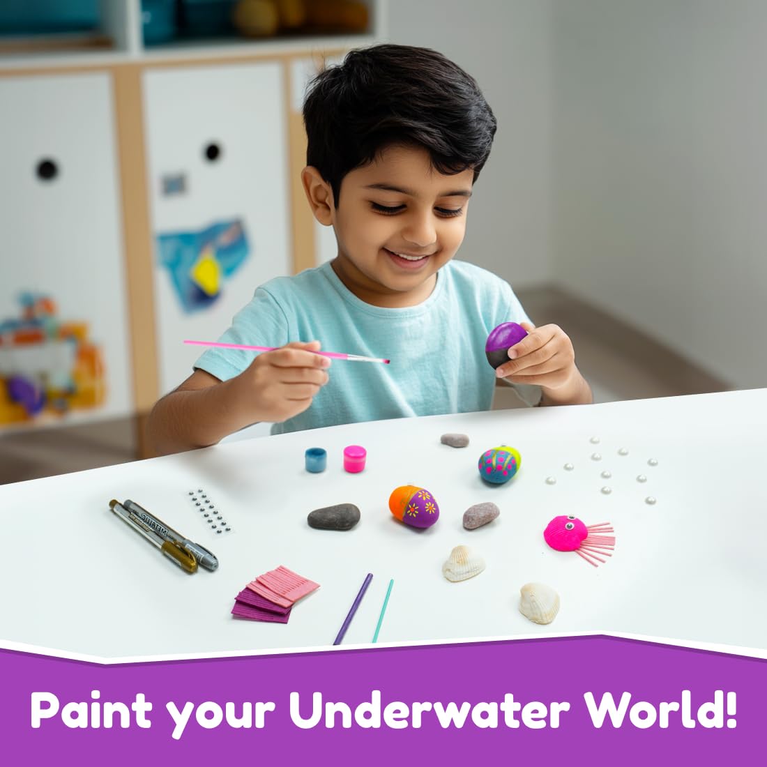 Bloomingo Magical Underwater Kingdom - Engaging Painting Craft Gift for Boys & Girls Age 4+ | Create Beautiful Ocean-Themed Rock and Shell Paintings | Encourages Focus, Patience & Creative Play