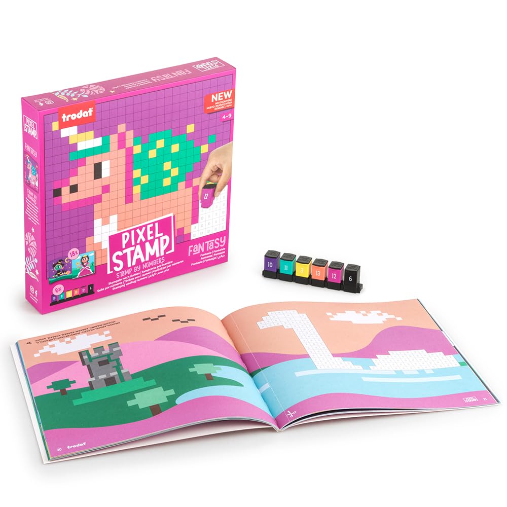 Trodat Pixel Stamp Fantasy, The Combination of Pixel Art and Stamp by Numbers, 1 Coloring Book for Children, 18 Fantasy templates & 6 Colorful Stamps (Purple, Green, Yellow, Orange, Purple, Black)