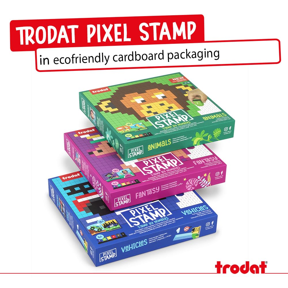 Trodat Pixel Stamp Fantasy, The Combination of Pixel Art and Stamp by Numbers, 1 Coloring Book for Children, 18 Fantasy templates & 6 Colorful Stamps (Purple, Green, Yellow, Orange, Purple, Black)