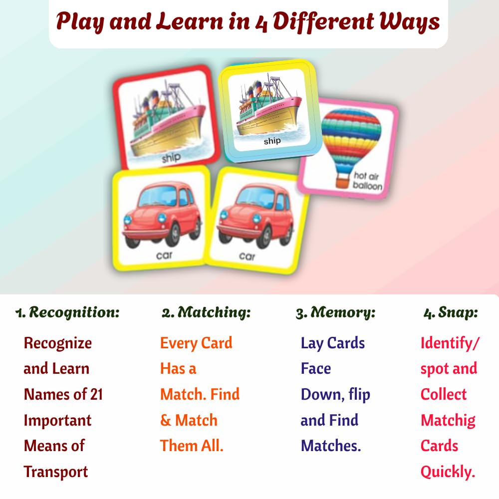 Creative’s Memory & Matching – Means of Transport | 21 Sets Self-Correcting Picture Cards + Activity Guide | Preschool Matching & Memory Card Game | Vocabulary Builder | Ages 3+