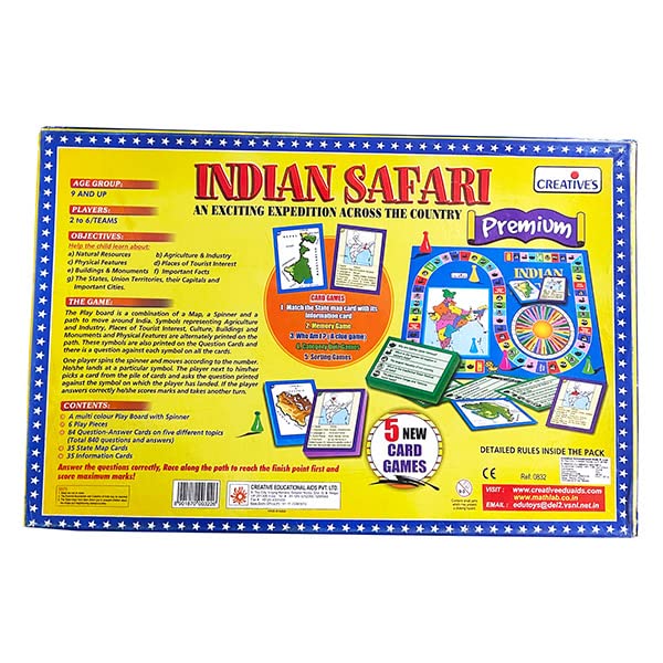 Creative's इंडियन सफारी प्रीमियम, फैमिली बोर्ड गेम, 5 कार्ड गेम, 840 क्यू एंड ए, स्टेट्स कैपिटल कल्चर स्मारक, नए राज्य शामिल हैं, बच्चों के लिए शैक्षिक भूगोल खेल, 2-6 खिलाड़ी, उम्र 9 और उससे अधिक