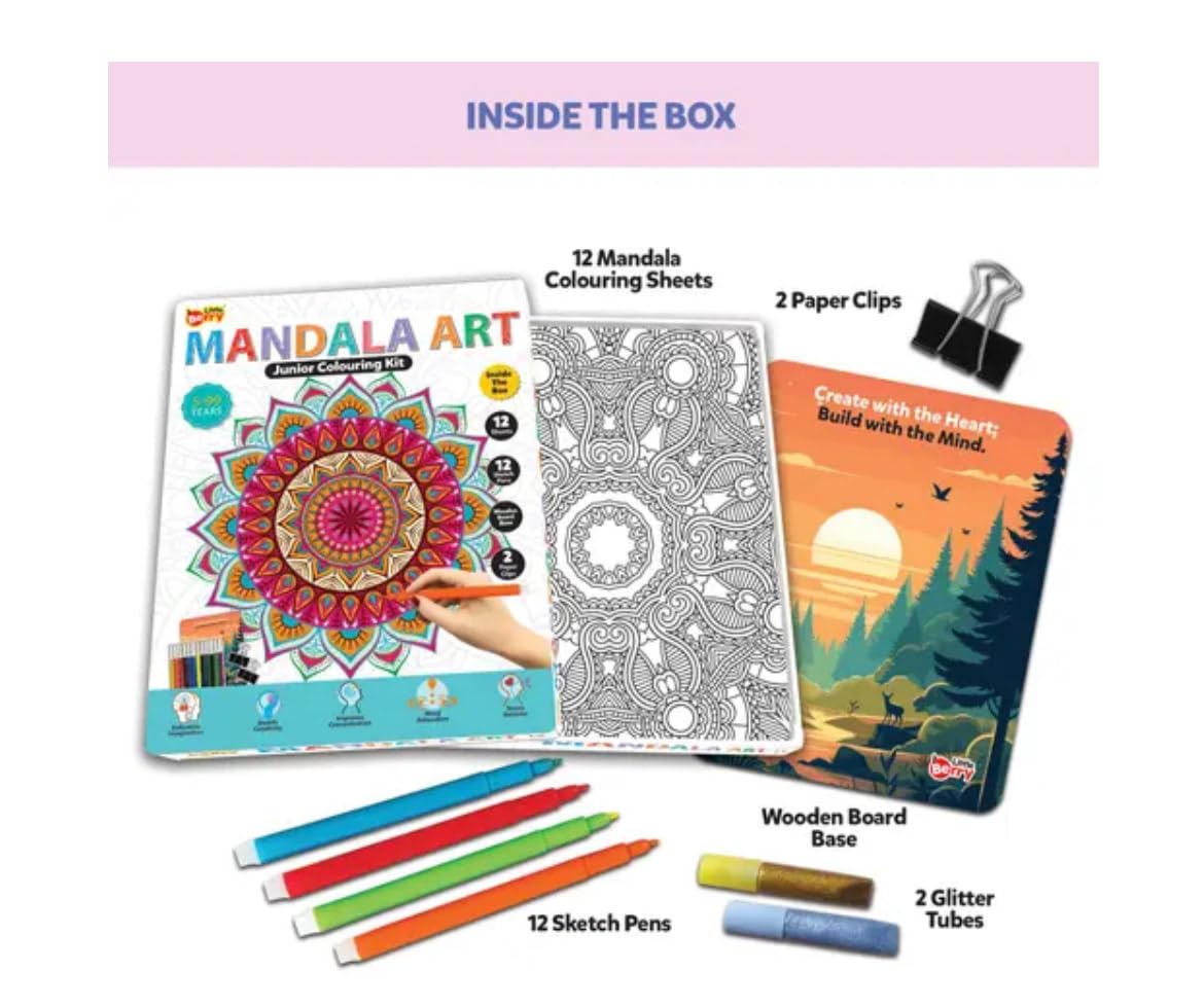 Little Berry Mandala Art Junior Colouring Kit, 5-9 Years, 12 Sheets, 12 Sketch Pens, 2 Wooden Bases