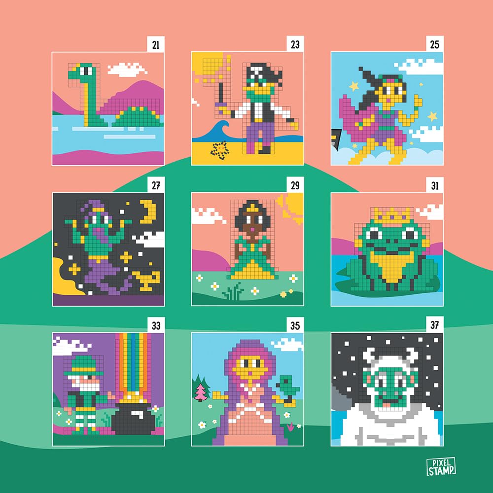 Trodat Pixel Stamp Fantasy, The Combination of Pixel Art and Stamp by Numbers, 1 Coloring Book for Children, 18 Fantasy templates & 6 Colorful Stamps (Purple, Green, Yellow, Orange, Purple, Black)