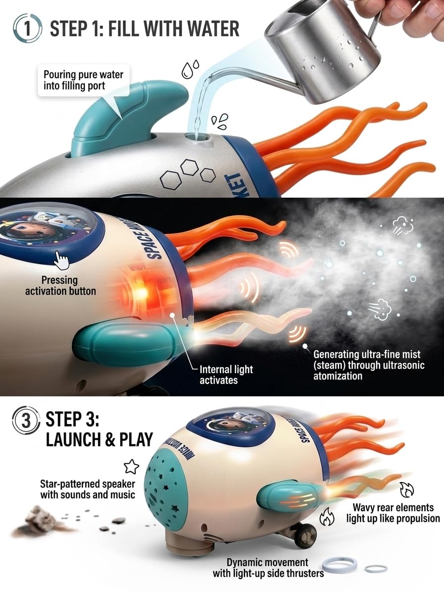 Space Rocket Toy with Mist Spray, Lights and Music for Kids
