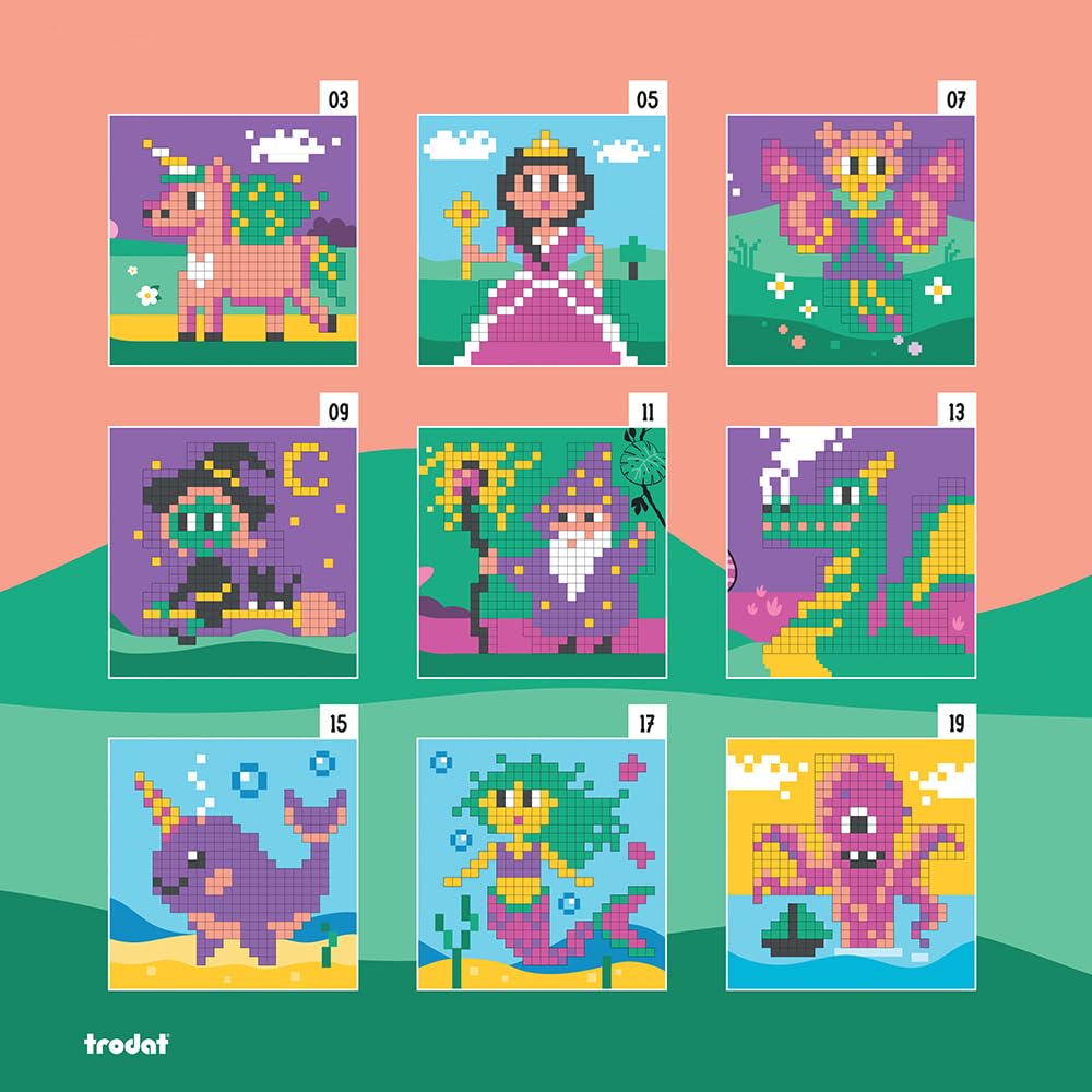 Trodat Pixel Stamp Fantasy, The Combination of Pixel Art and Stamp by Numbers, 1 Coloring Book for Children, 18 Fantasy templates & 6 Colorful Stamps (Purple, Green, Yellow, Orange, Purple, Black)