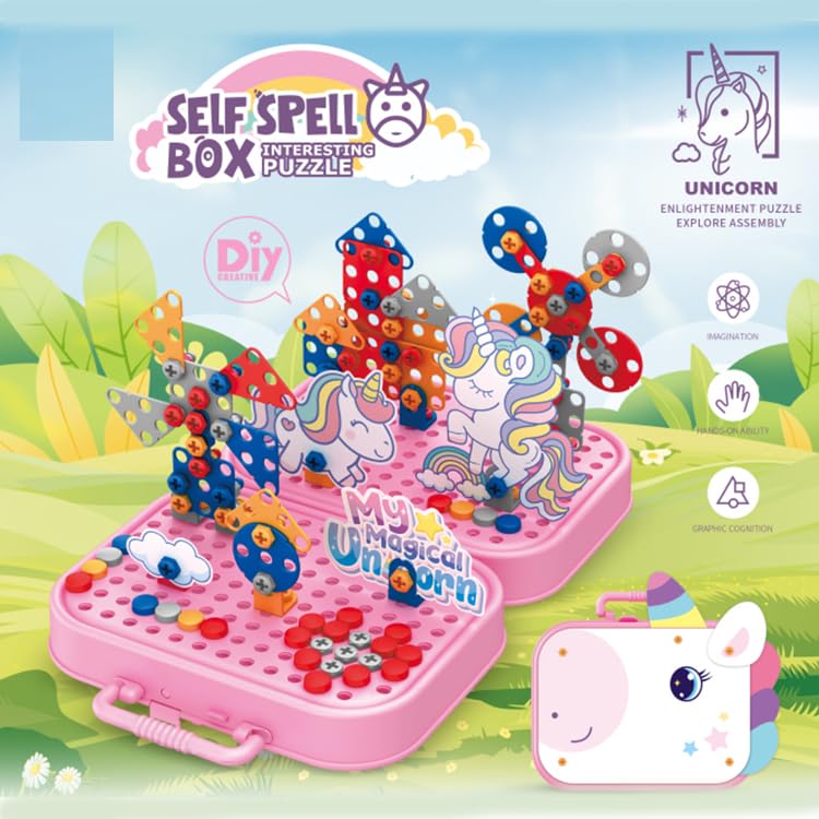 Happy Hues Plastic Diy Electric Drill Screw Tool Set-Mosaic Puzzle 228Pcs- 3D Stem Educational Kit For Kids Construction Blocks And Building Block Kit (Unicorn Design), Pink