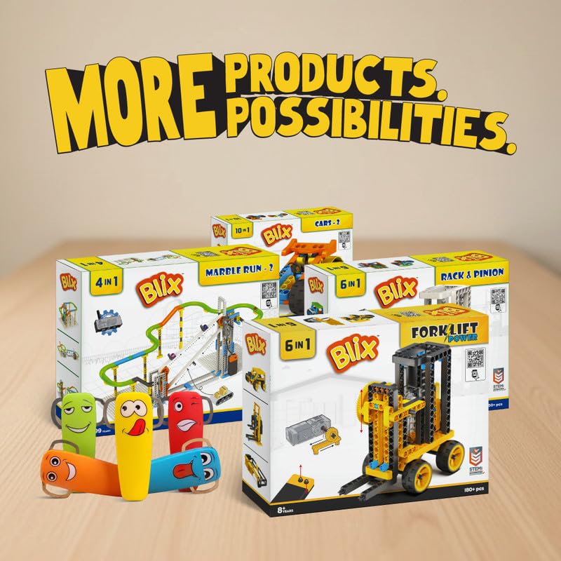 BLIX Forklift Non-Motorized Construction Set, 185 ABS Parts, Learn Rack & Pinion Mechanism, 6-in-1 Educational STEM Toy Kit for Kids Aged 5+