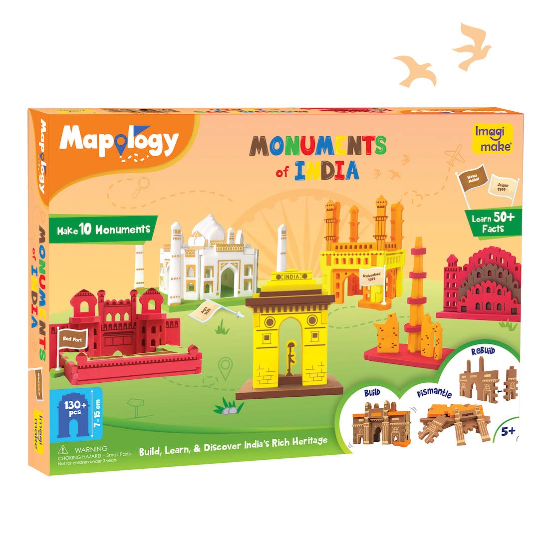 Imagimake Mapology Monuments of India | Construction Set | Age 5+ | Build 10 India monuments—Taj Mahal, India Gate, Qutub Minar & more—from 130+ pieces; 50+ facts; build, rebuild, no glue