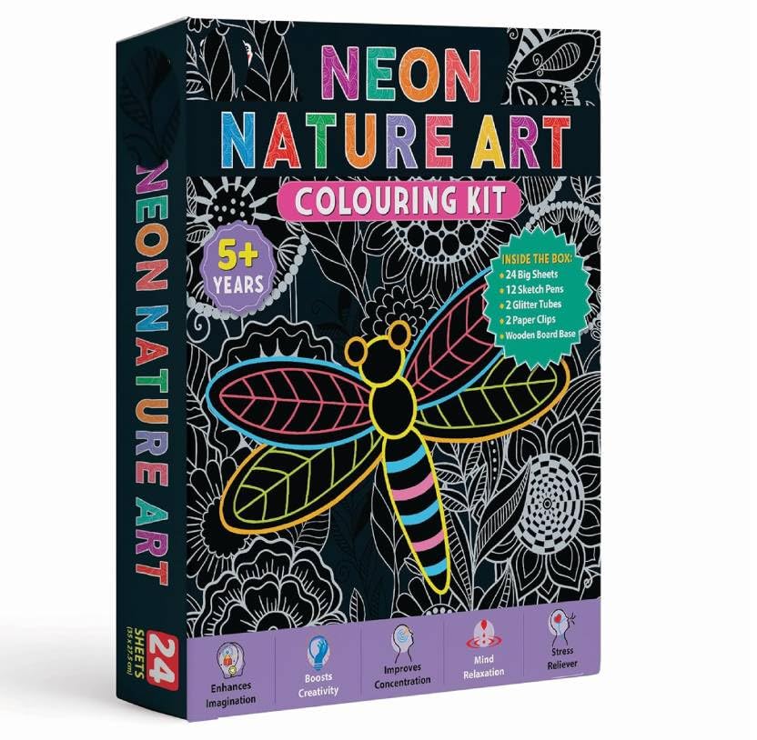 Neon Nature Art Colouring Kit, 24 Big Sheets with 12 Sketch Pens, Ages 5+, Creative Art Set with Glitter Tubes and Board Base