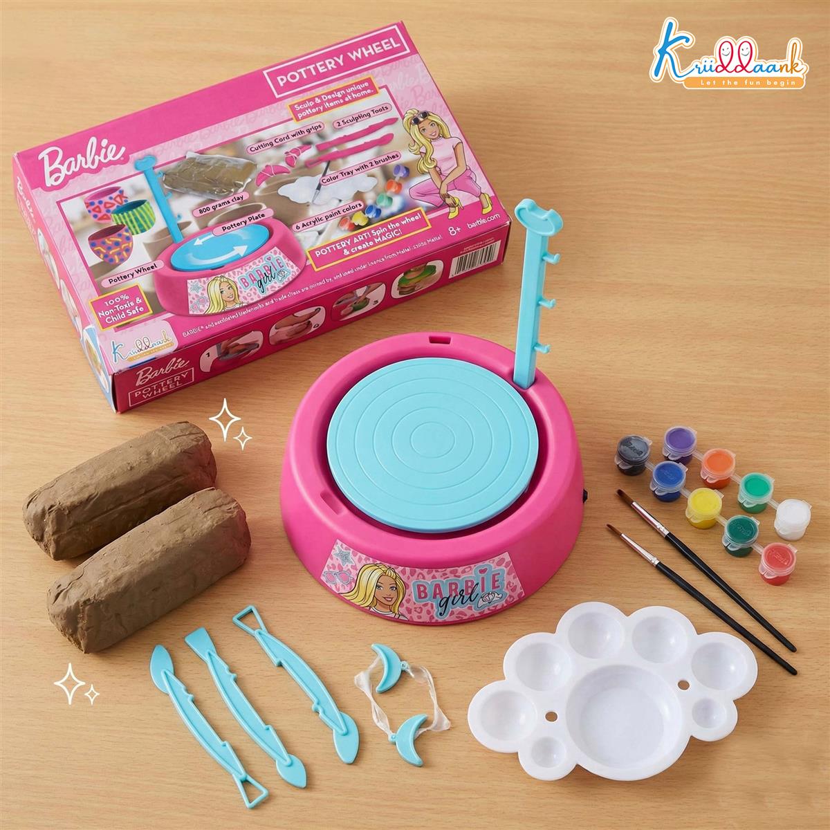 Mattel Barbie Theme Pottery Wheel - Complete DIY Clay Art & Craft Kit with 800g Clay, Sculpting Tools & Paints | Motorized Pottery Making Set for Kids 8+ | Creative & Educational Gift for Girls