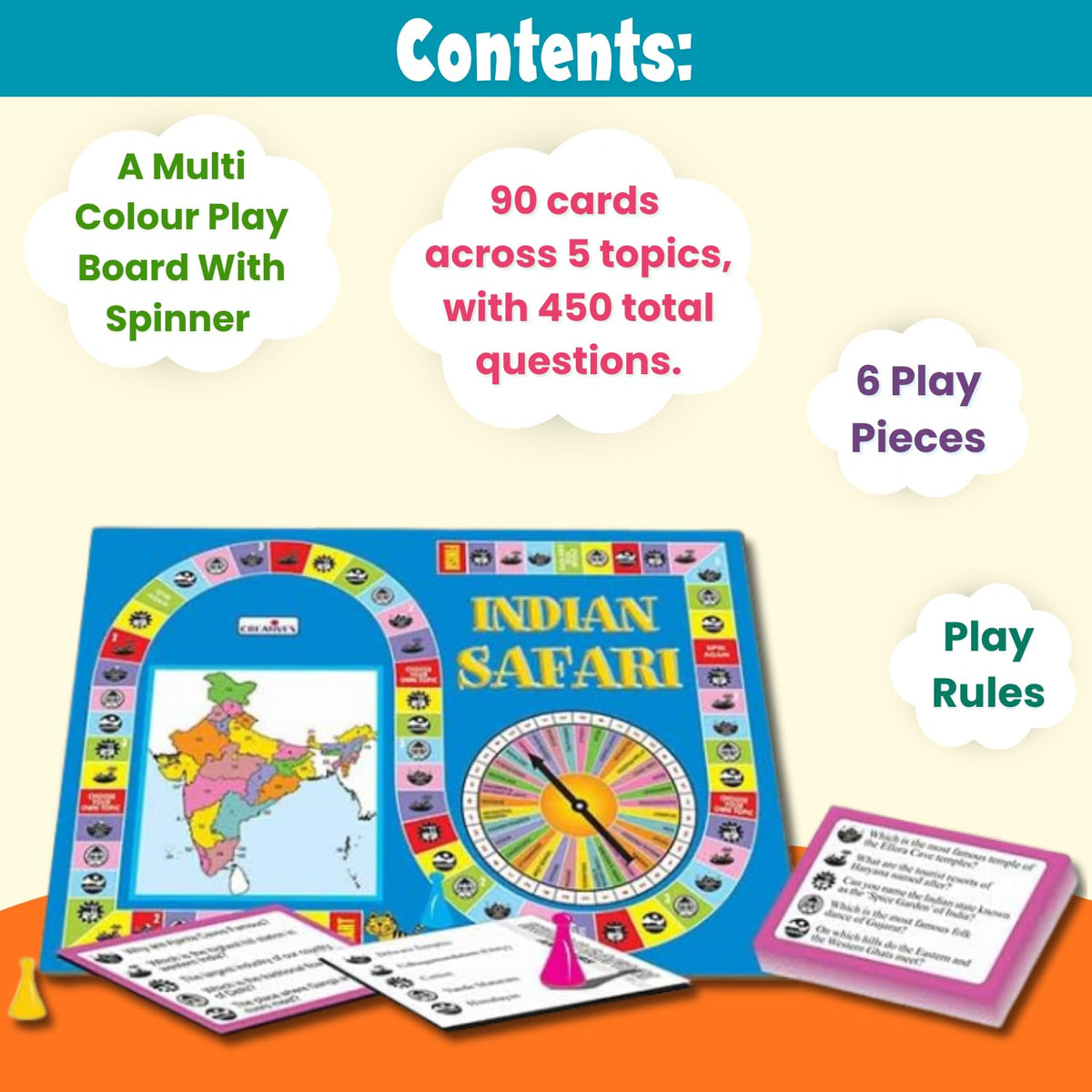 Creative's Indian Safari, Educational Geography Board Games, India Map, States, Capitals & General Knowledge Quiz Game, 450 Questions & Answers, Family Learning Game, 2-6 Players for Kids Age 9+