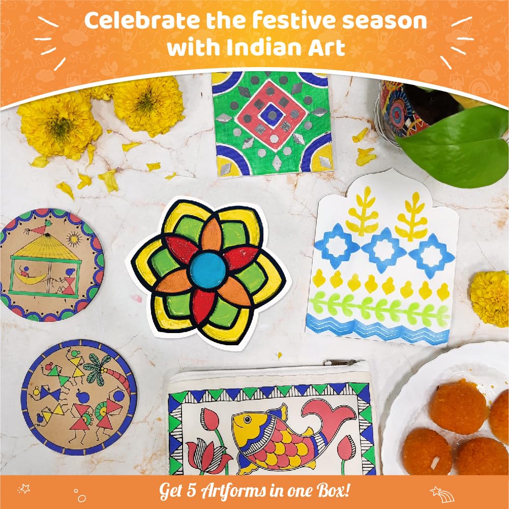 Imagimake DIY Indian Art Forms | Art & Craft Kit for Kids | Age 8+ | Learn 5 Indian art forms—Madhubani, Warli, Lippan, Mandala & block printing; 20+ craft projects; screen-free for kids