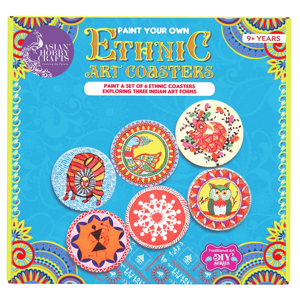 Asian Hobby Crafts DIY Ethnic Coaster Painting Kit – 6 Pre-Marked Coasters, Paint & Brush | Warli, Madhubani, Gond, Indian Folk Art Kit for Kids & Adults (4-12) | Birthday Return Gift Craft Set