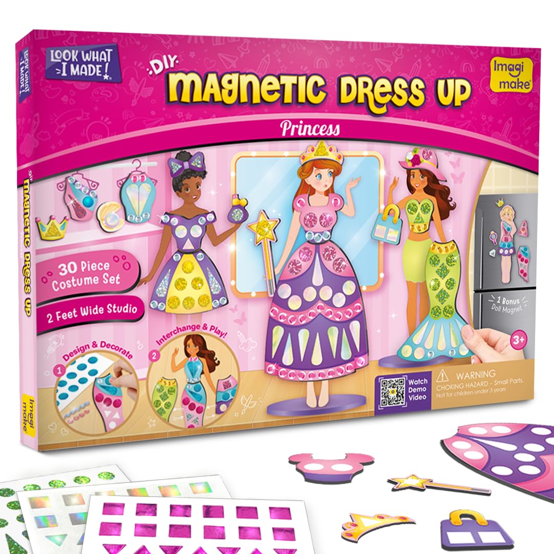 Imagimake DIY Magnetic Dress-Up Princess | Pretend Play for Girls Age 3+ | 10 dresses, 20 accessories, 700+ stickers & stones + bonus magnet doll & studio; mix, match & style endless princess outfits