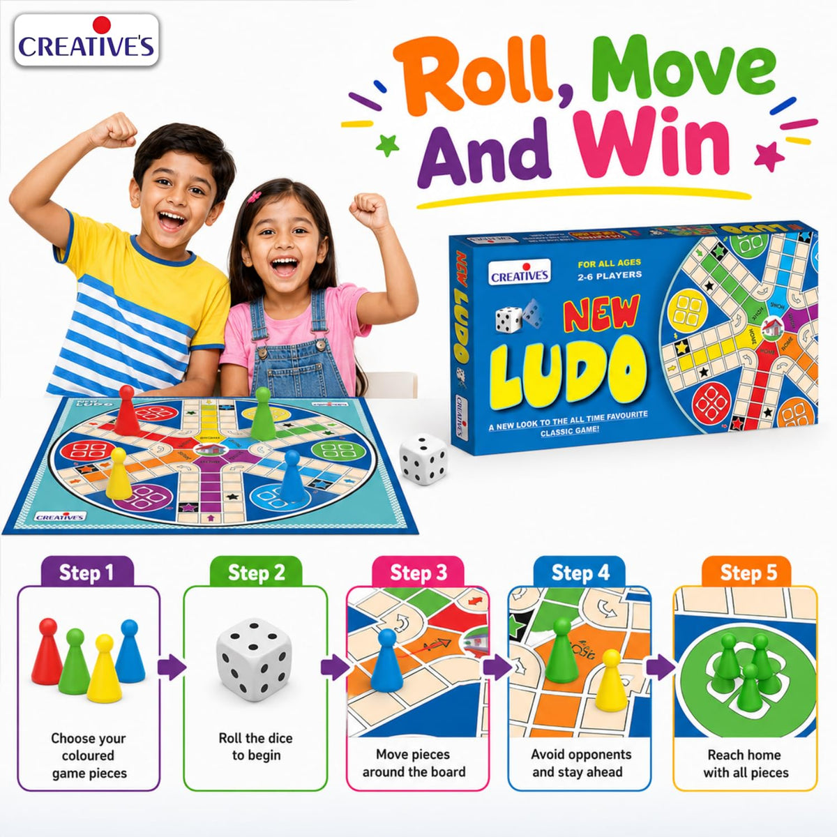Creative's New Ludo, Board Game for Kids & Adults, Classic Family Board Game, Indoor Multiplayer Strategy, 2-6 Players, Educational Game for Family Game Night, Travel, Parties & Gatherings Ages 3+