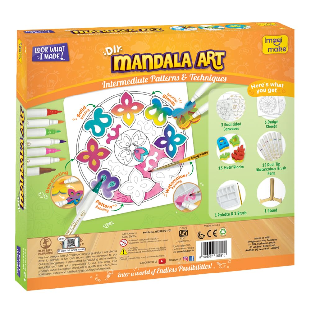 Imagimake DIY Mandala Art Kit | Art & Craft Kit for Girls Age 10+ | Mandala art kit: 12 paintings, 3 canvases, 15 motif blocks & 10 brush pens; block print, blend & watercolour; age 10+