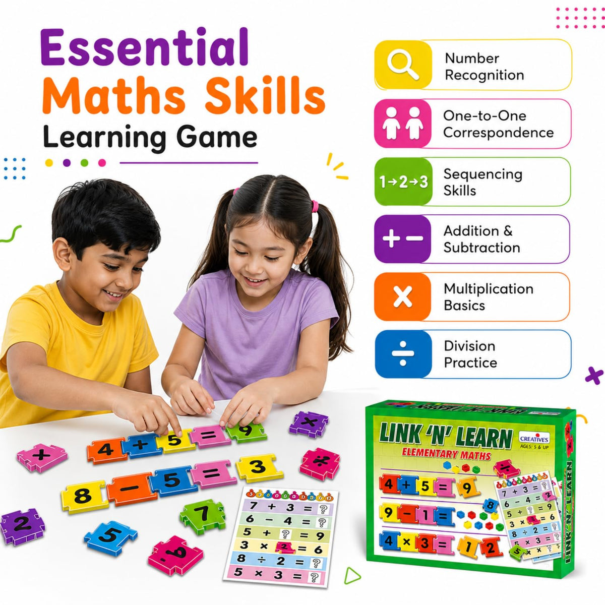 Creative’s Link ’N’ Learn Elementary Maths Game | Number & Maths Learning Toy for Kids | Addition Subtraction Multiplication Division | Educational Game Set | Ages 5+