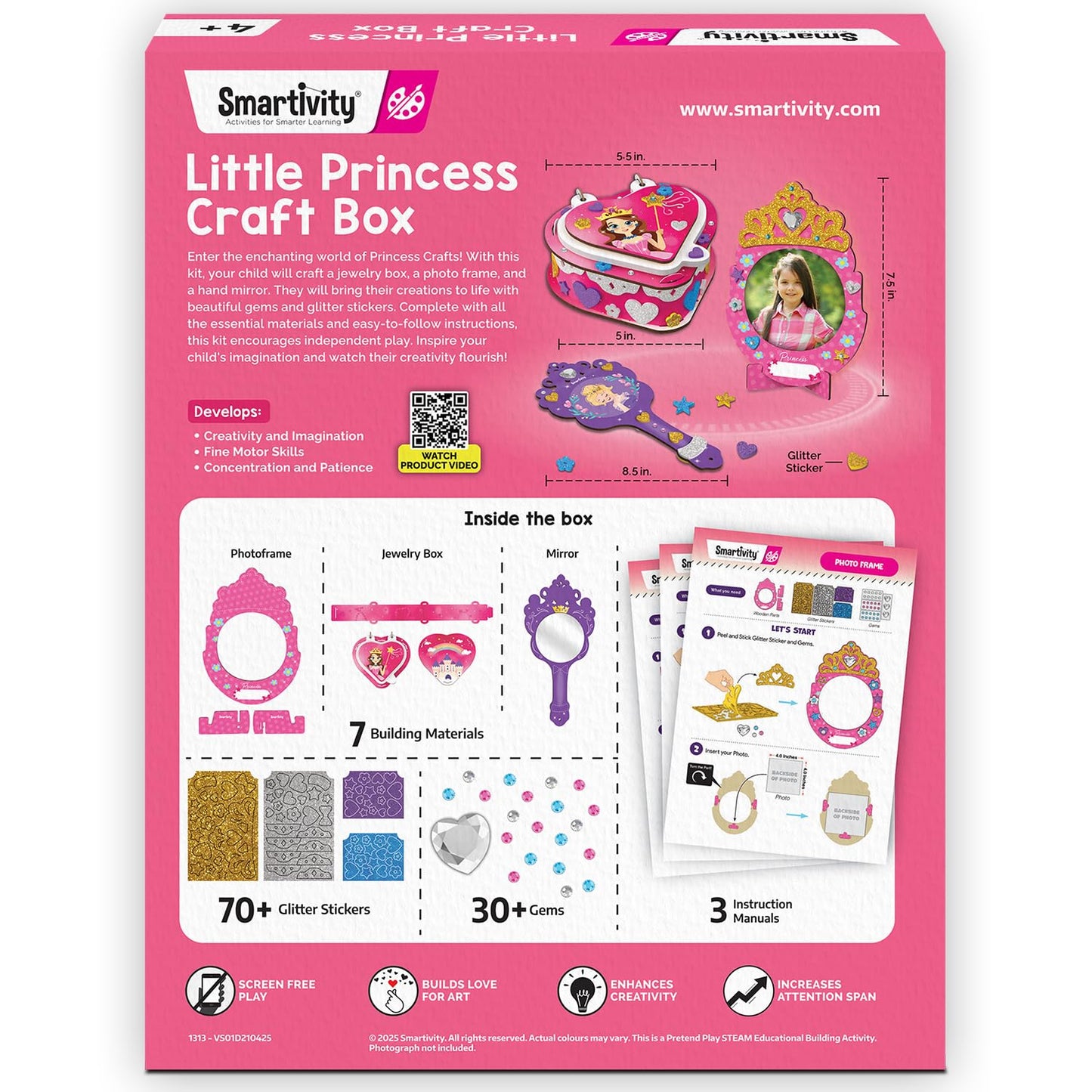 Smartivity Little Princess Craft Box for Girls 4-8 Years | DIY Jewellery Box, Mirror & Frame with Gems & Glitter | Craft Activity Set | Birthday Gift for Kids