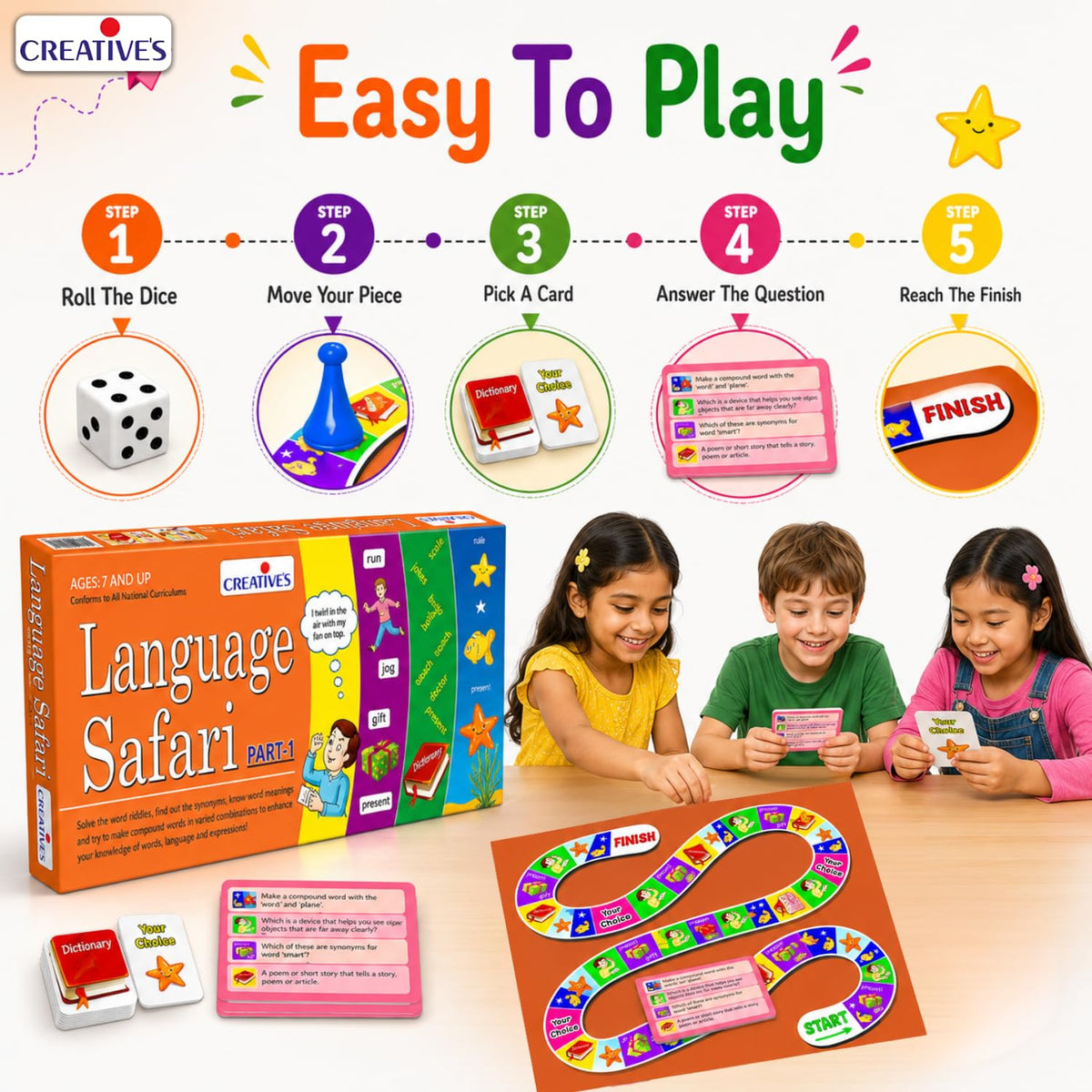 Creative's Language Safari Part-1, Vocabulary Educational Board Games, Word Meanings Synonyms, Compound Words Riddles, 90 Cards 720 Questions, Educational English Language Skills, Ages 7+