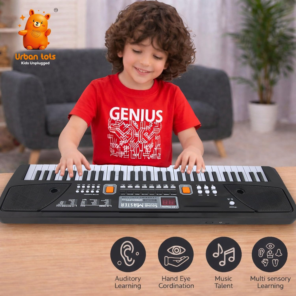 Urban Tots Kids Keyboard Piano with Mic & LCD | 61 Keys Musical Toy with Rhythms, Songs, Recording & Headphone Jack | USB & Battery Operated | Learning Piano for Kids Age 3+ (Big Piano Black)