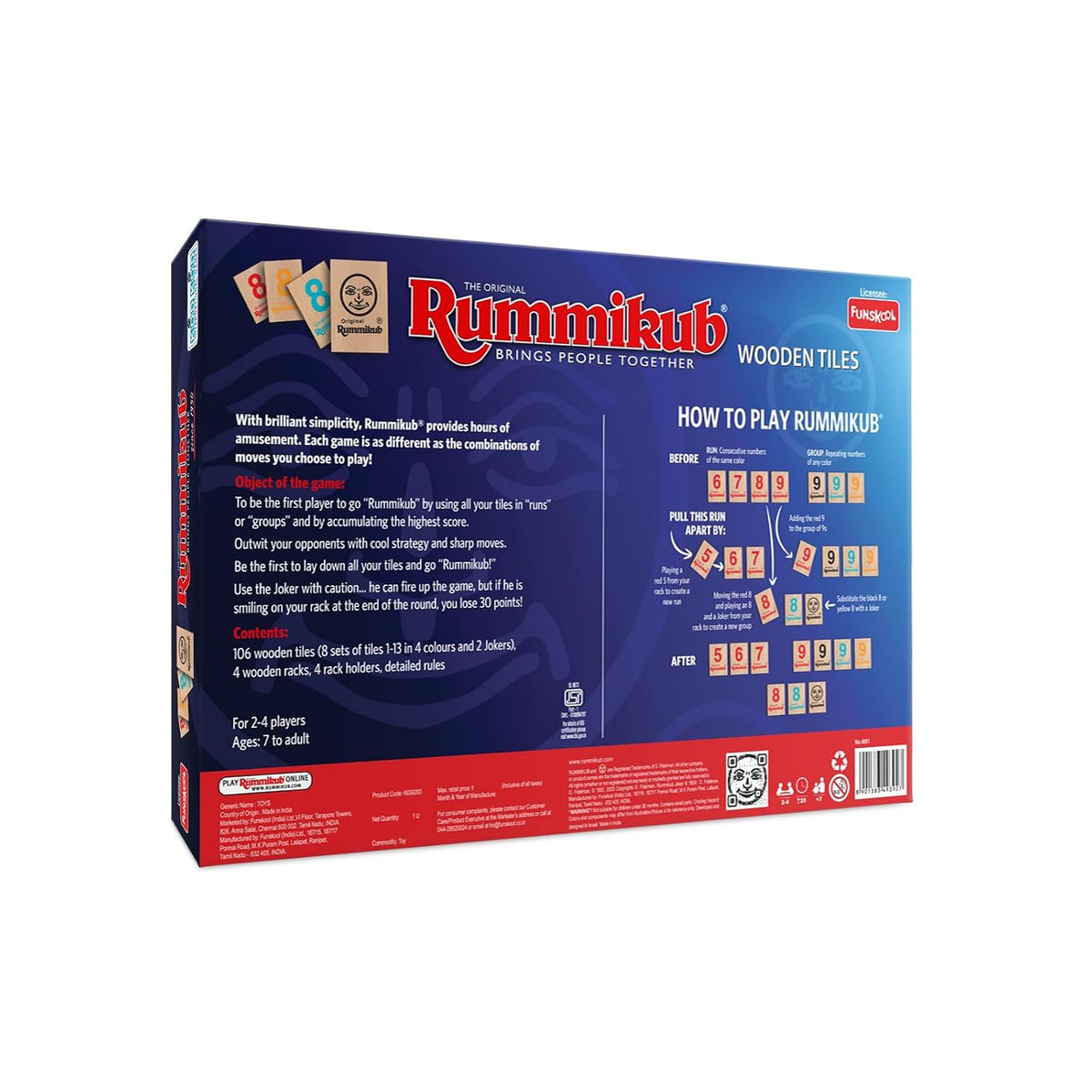 Funskool Games Rummikub Wooden Tiles, 2-4 Players, Strategy Game for Kids and Adults, Fun Family Game, Ages: 7 Years+