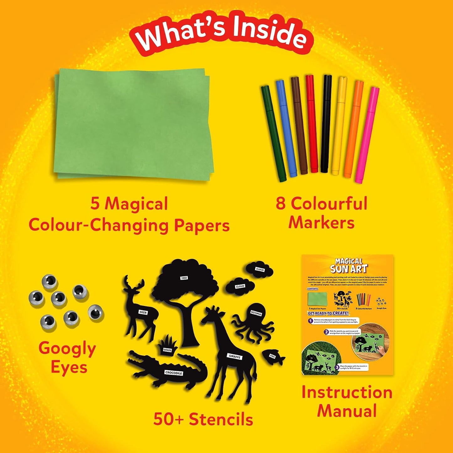 Skillmatics Magical Sun Art Kit – STEM Paper Craft Kit for Kids | Design with Stencils, Create with Sunlight, Colour with Markers, Indoor, Outdoor Play, Gifts for Ages 4-12