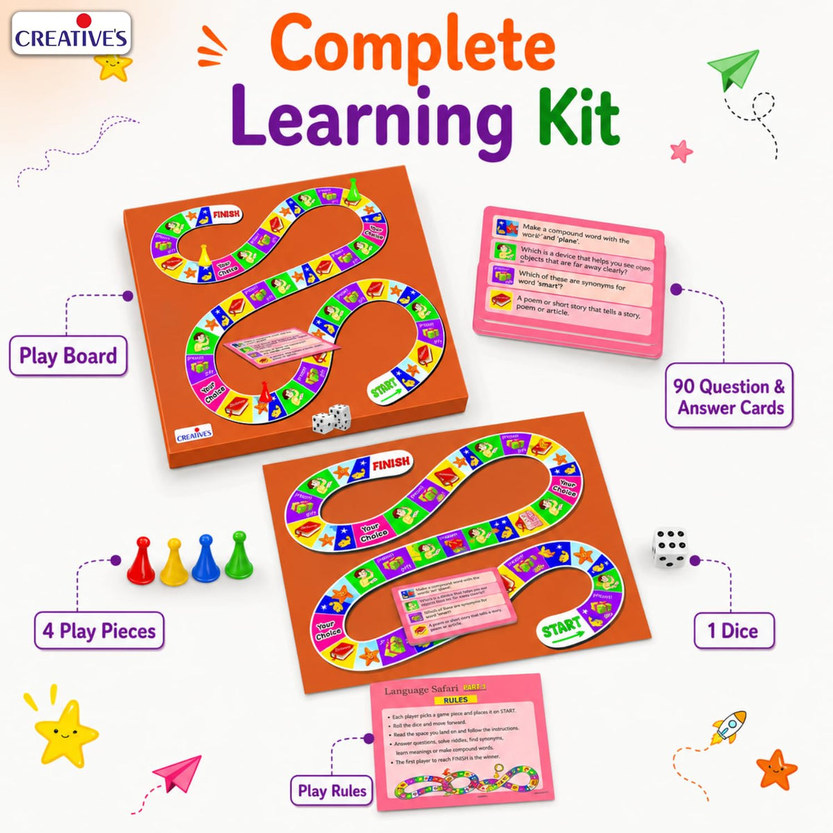 Creative's Language Safari Part-1, Vocabulary Educational Board Games, Word Meanings Synonyms, Compound Words Riddles, 90 Cards 720 Questions, Educational English Language Skills, Ages 7+