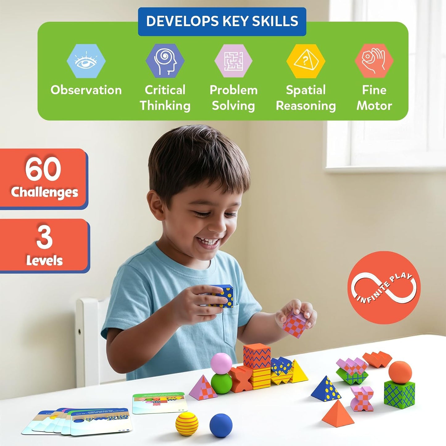 Skillmatics Brain Blocks, 3D Early STEM Building Blocks Game for Kids | Shapes, Balance & Pattern Play, 3 Levels of Challenge Cards, Screen-Free Learning Toy, Gift for Boys & Girls Ages 4, 5, 6, 7