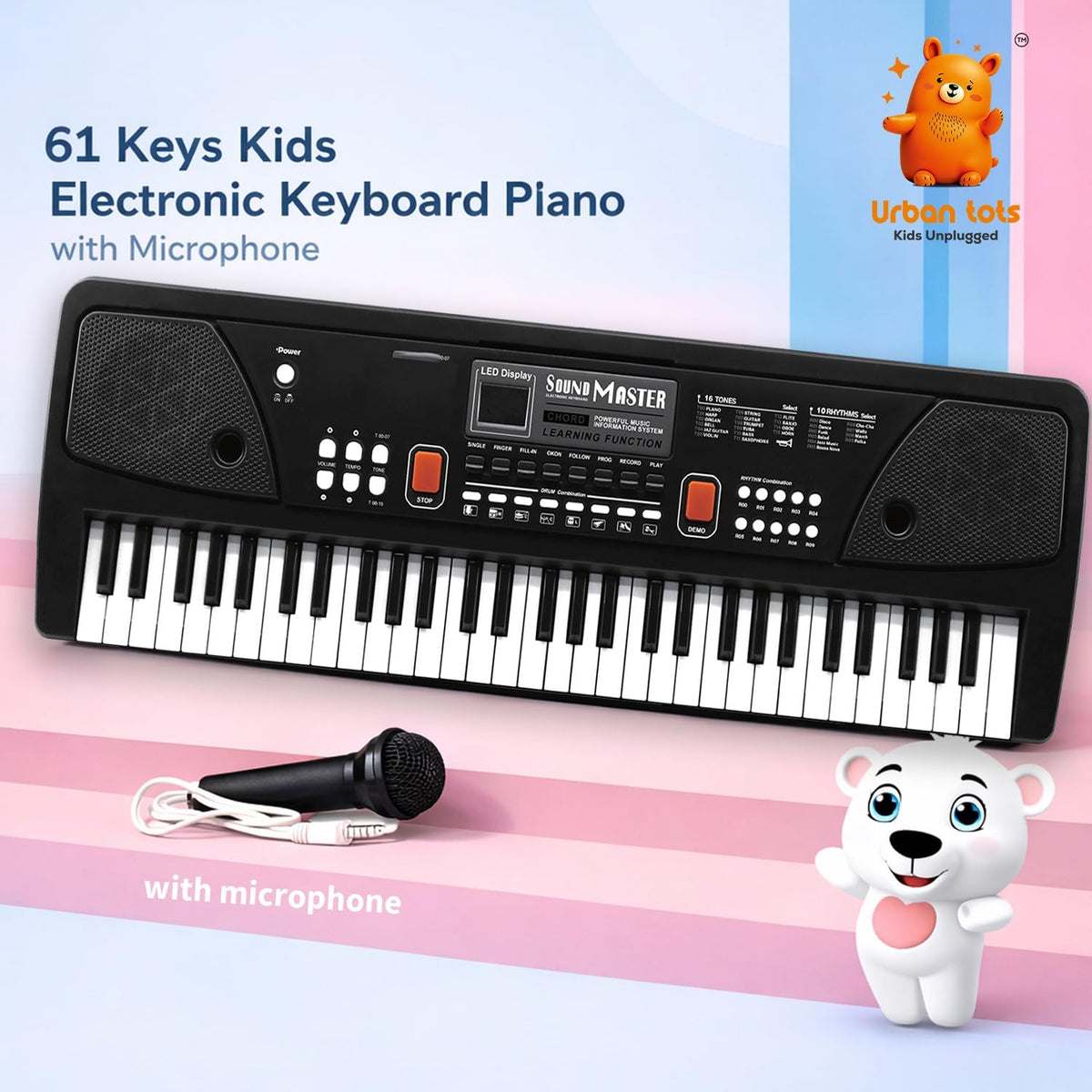 Urban Tots Kids Keyboard Piano with Mic & LCD | 61 Keys Musical Toy with Rhythms, Songs, Recording & Headphone Jack | USB & Battery Operated | Learning Piano for Kids Age 3+ (Big Piano Black)