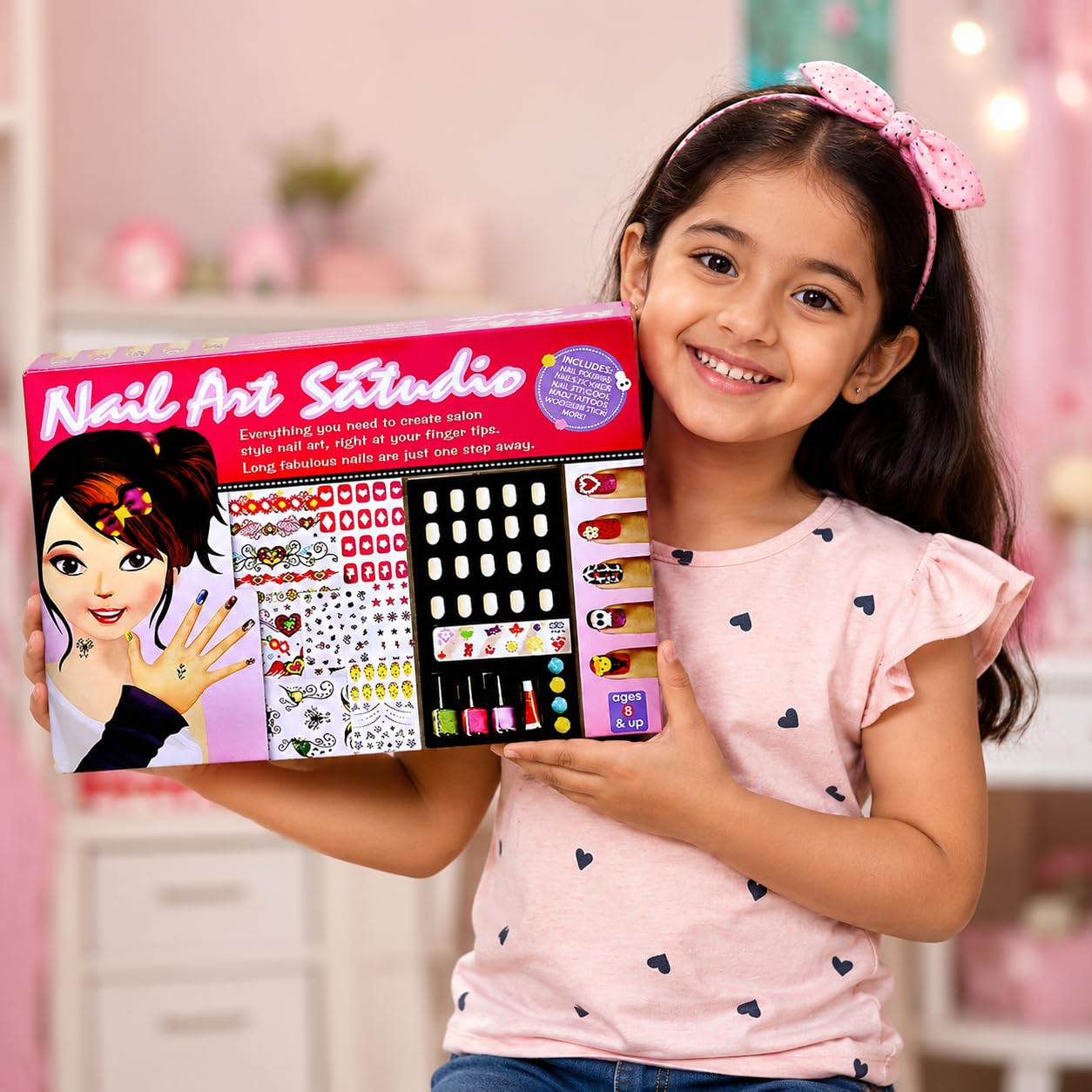 Nail Art Studio Kit for Girls | DIY Nail Polish Set with Artificial Nails, Nail Stickers, Glitter, Nail Tattoos & Decorative Accessories | Beauty Salon Pretend Play Gift Toy for Kids Age 8+