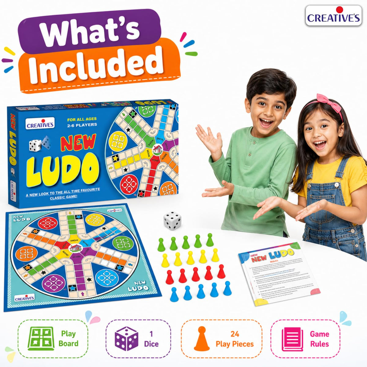 Creative's New Ludo, Board Game for Kids & Adults, Classic Family Board Game, Indoor Multiplayer Strategy, 2-6 Players, Educational Game for Family Game Night, Travel, Parties & Gatherings Ages 3+