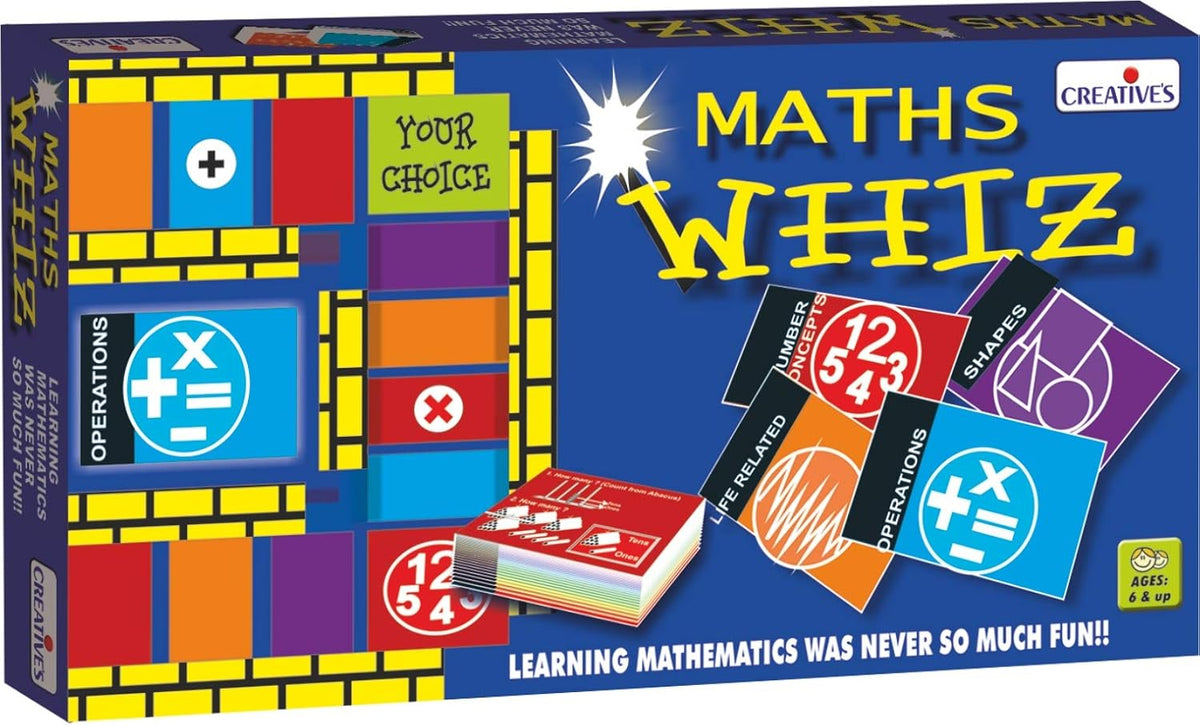 Creative's Maths Whiz Maths Board Game, 120 Q&A Cards, 4 Categories Number Concepts Operations Geometry Life Related Maths, 16 Home Cards 4 Pawns Dice, Educational Toys for Kids Ages 6+