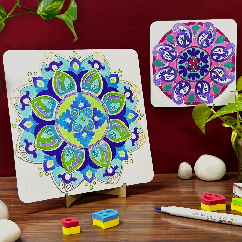 Imagimake DIY Mandala Art Kit | Art & Craft Kit for Girls Age 10+ | Mandala art kit: 12 paintings, 3 canvases, 15 motif blocks & 10 brush pens; block print, blend & watercolour; age 10+