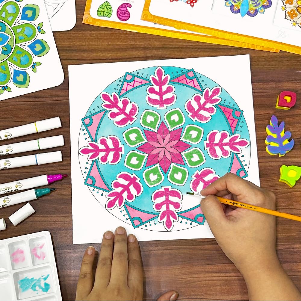 Imagimake DIY Mandala Art Kit | Art & Craft Kit for Girls Age 10+ | Mandala art kit: 12 paintings, 3 canvases, 15 motif blocks & 10 brush pens; block print, blend & watercolour; age 10+