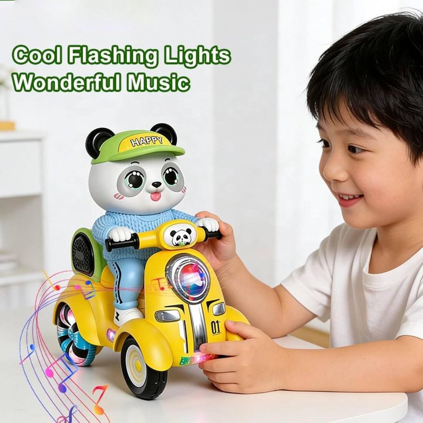 SHAKTISM Panda Musical Stunt Scooter Toy for Kids with Music, Flash Light & 360° Rotation | Battery Operated Musical Panda Scooter Toy with Universal Wheel Action | Fun Toy for Boys & Girls Age 3+