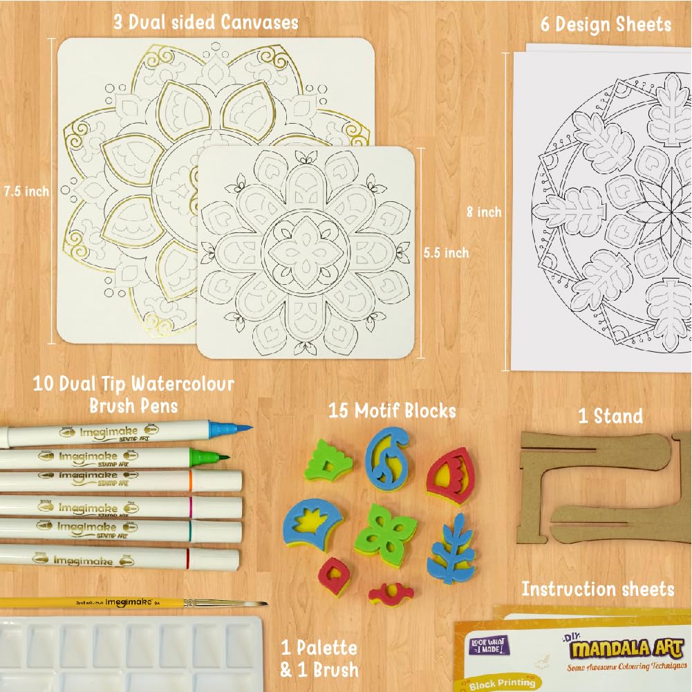 Imagimake DIY Mandala Art Kit | Art & Craft Kit for Girls Age 10+ | Mandala art kit: 12 paintings, 3 canvases, 15 motif blocks & 10 brush pens; block print, blend & watercolour; age 10+
