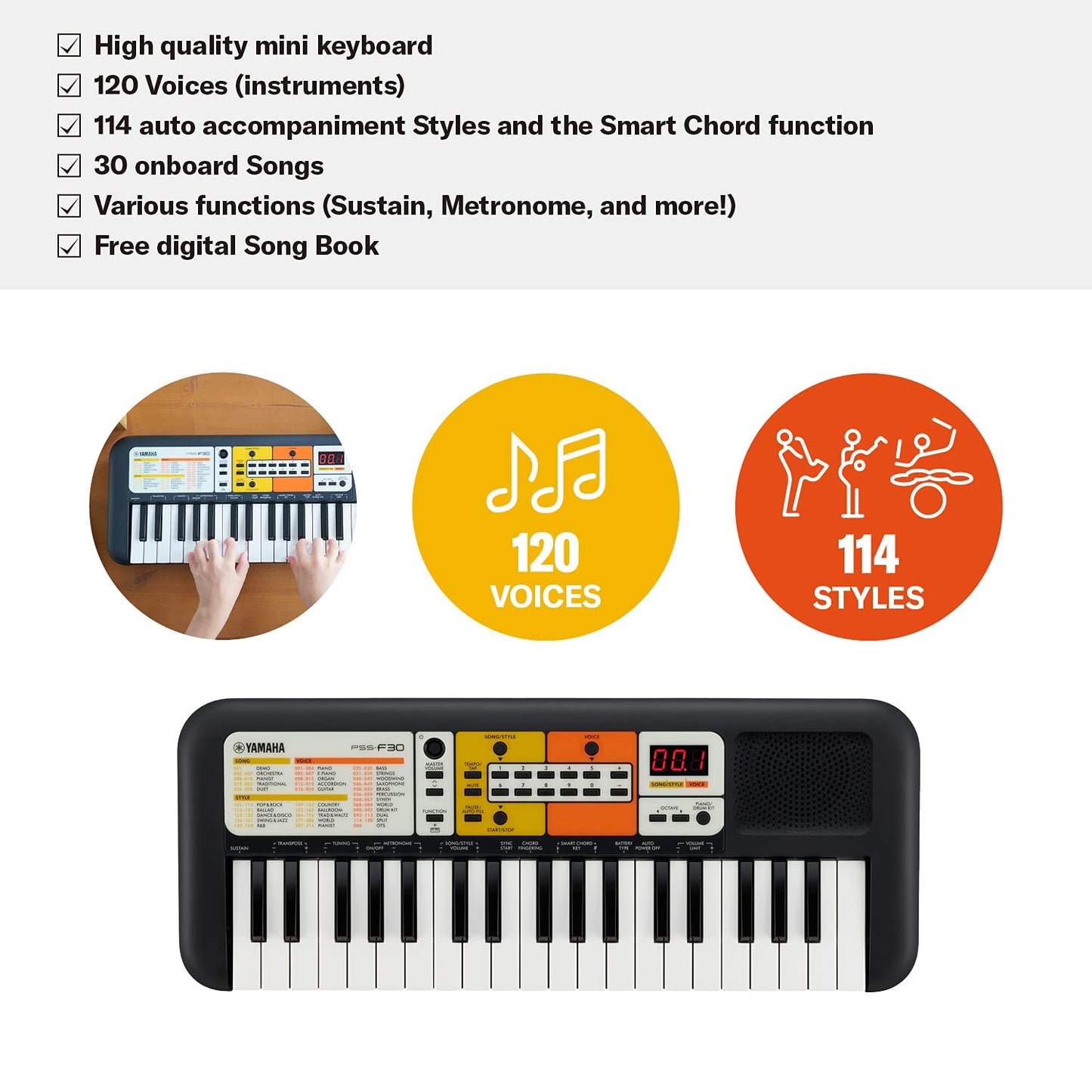 Yamaha PSS-F30 Portable Mini Keyboard – 37 Keys, Black, Built-in Rhythms, Songs & Smart Chord, Lightweight & Compact, Ideal for Kids & Beginner Musicians