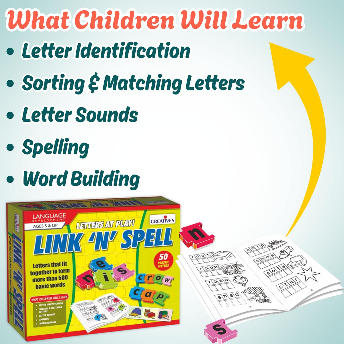 Creative’s Link ‘N’ Spell, Letter Identification & Sounds, Spelling Word Building for Kids, Vocabulary Phonics Game, Skills Development, Learning Educational, Sorting & Matching, Ages 5 Up