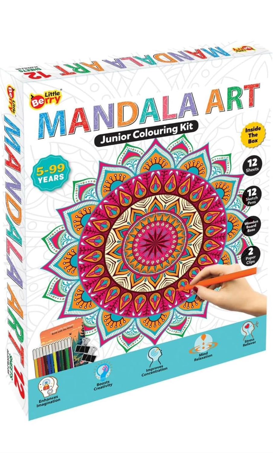 Little Berry Mandala Art Junior Colouring Kit, 5-9 Years, 12 Sheets, 12 Sketch Pens, 2 Wooden Bases