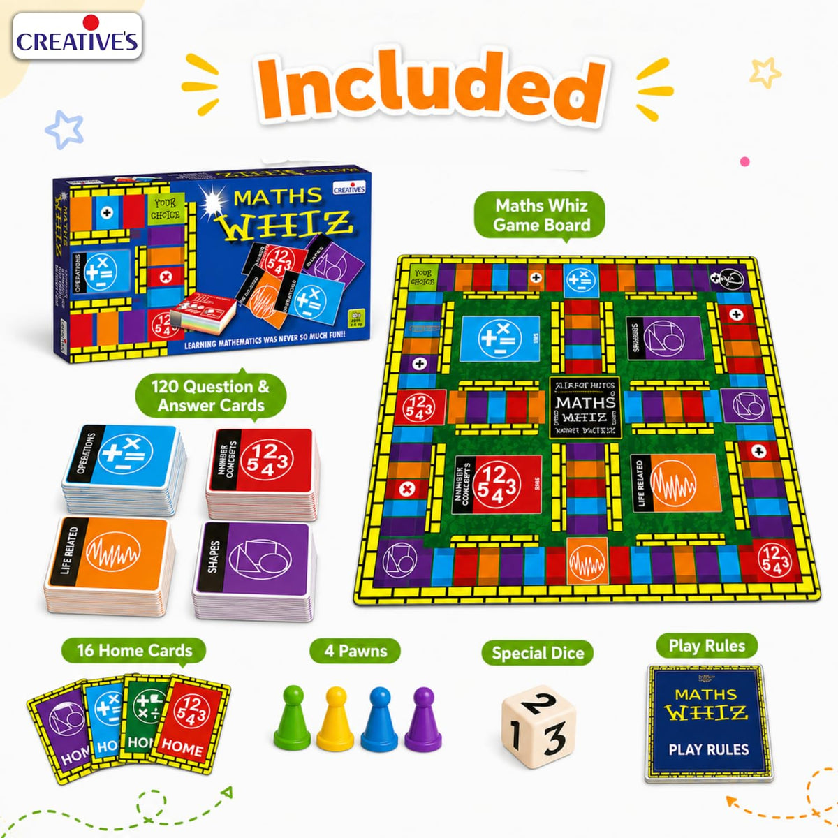 Creative's Maths Whiz Maths Board Game, 120 Q&A Cards, 4 Categories Number Concepts Operations Geometry Life Related Maths, 16 Home Cards 4 Pawns Dice, Educational Toys for Kids Ages 6+